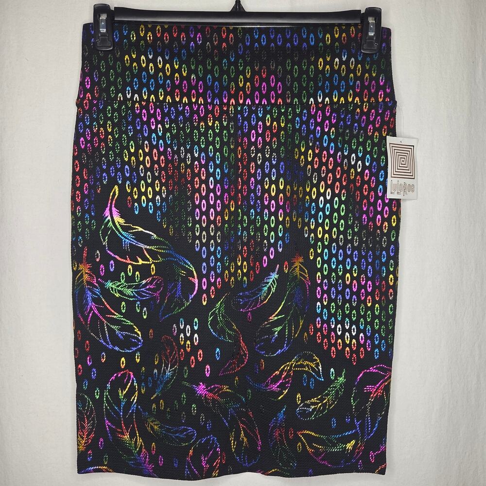 LuLaRoe Cassie Black Rainbow Feather Holographic Metallic Pencil Skirt NEW XL